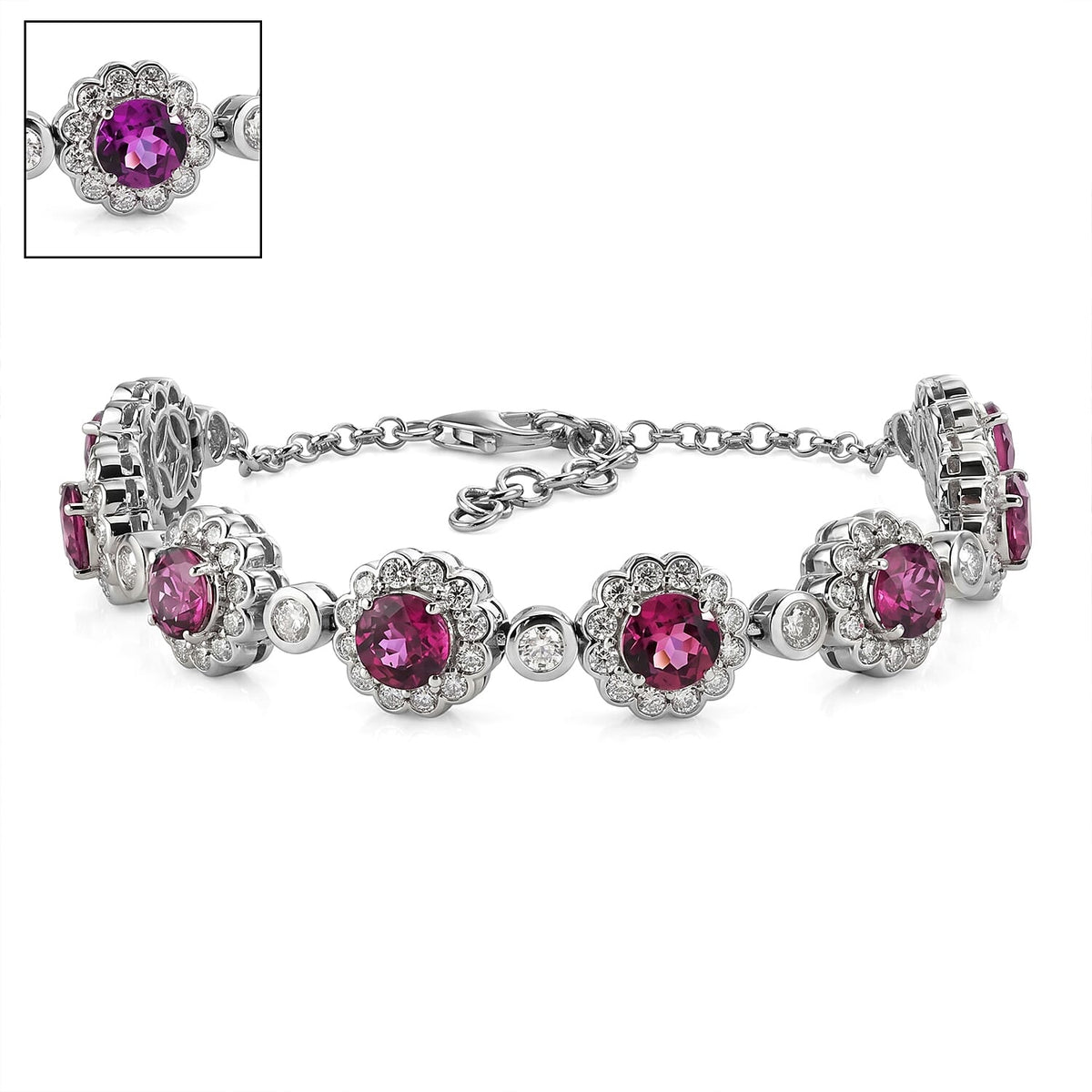 Certified and Appraised D'Joy Colour Change Garnet, Moissanite Cluster Bracelet (Size - 7.25) in Rhodium Overlay Sterling Silver, Silver Wt.14.05 Gms 10.180 Ct. 8628823 0