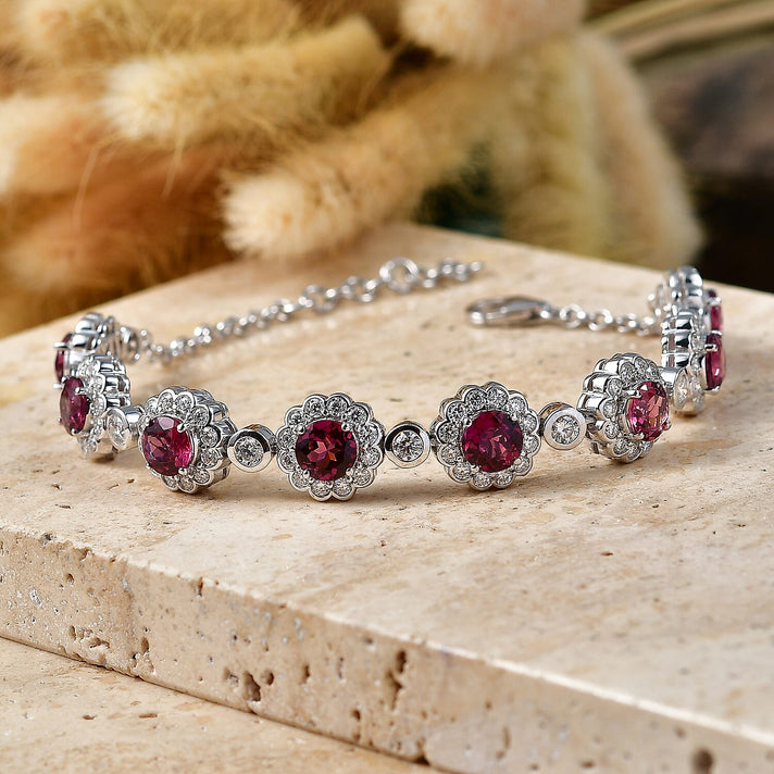 D'Joy Colour Change Garnet, Moissanite Cluster Bracelet (Size - 7.25) in Rhodium OverlaySterling Silver, Silver Wt.14.05 Gms  10.180  Ct. 8628823 2