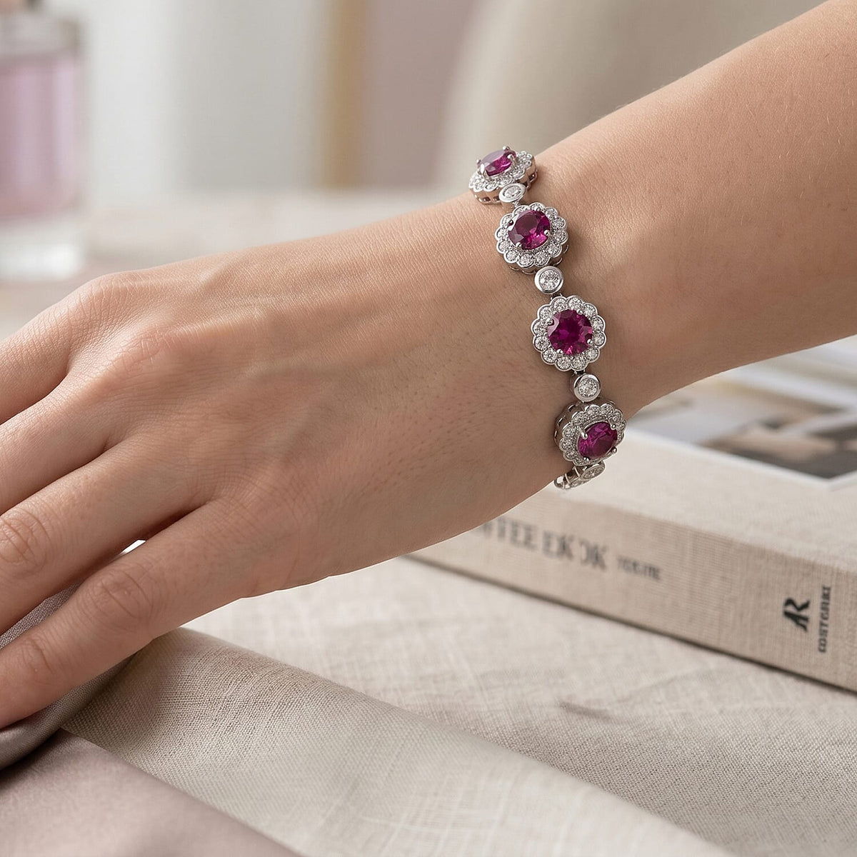 Certified and Appraised D'Joy Colour Change Garnet, Moissanite Cluster Bracelet (Size - 7.25) in Rhodium Overlay Sterling Silver, Silver Wt.14.05 Gms 10.180 Ct. 8628823 2