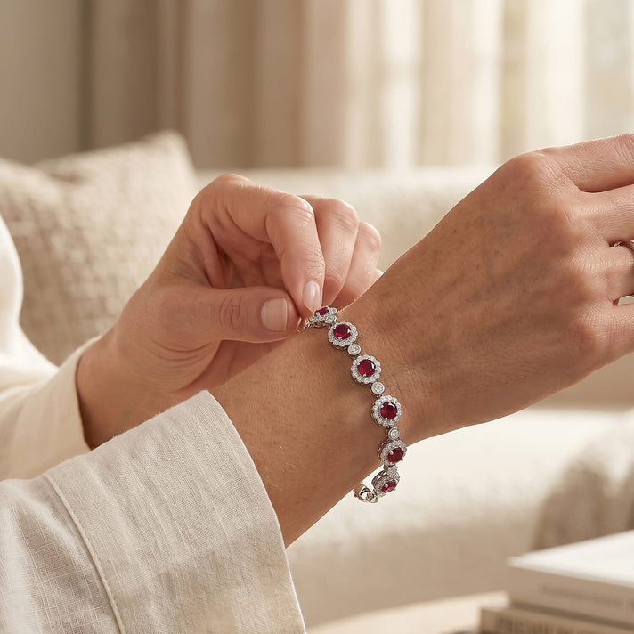 USAMBARA Colour Change Garnet &amp; Moissanite Tennis Bracelet (Size - 8-1 Ext) in Rhodium Overlay Sterling Silver 10.85 Ct, Silver Wt. 12.60 Gms 8628824 2