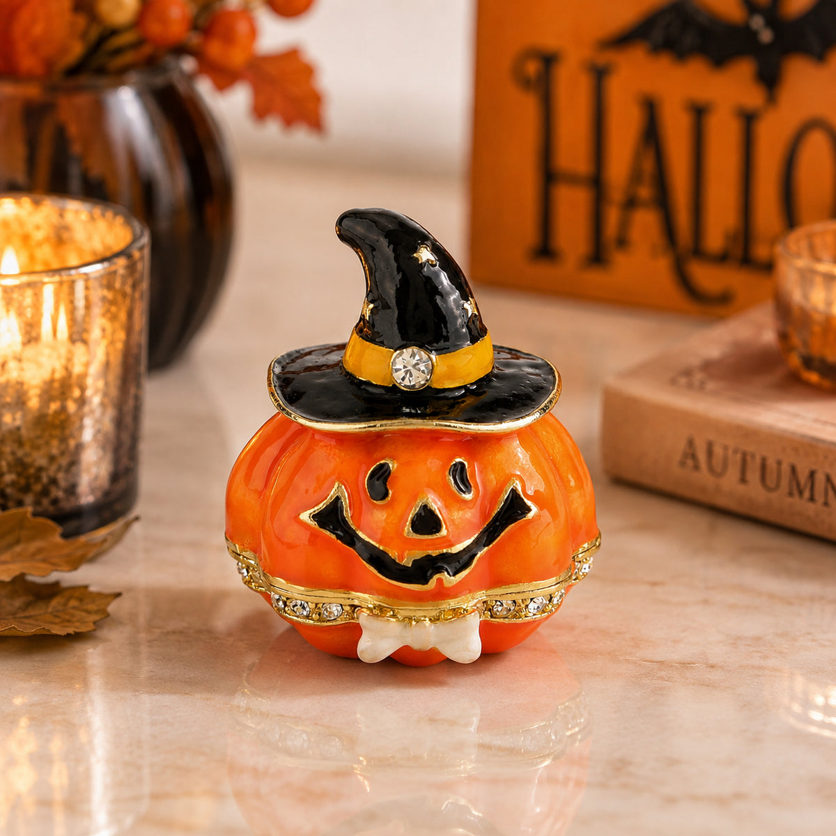 LIVMORE Halloween Pumpkin Head Witch Hat Enamelled Jewellery Trinket Box (6.5cm) - Orange V32703147 2