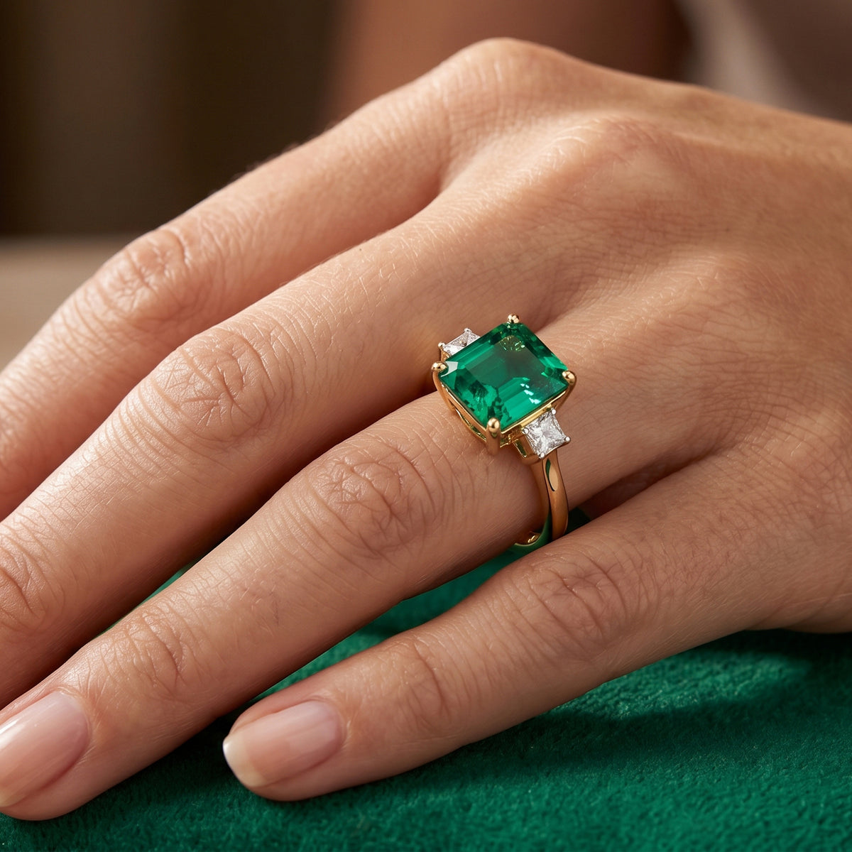 Luxuriant - 9K Yellow Gold Lab Grown Columbian Emerald &amp; Lab Grown Diamond (VS/E-F) Trilogy Ring 3.20 Ct. V32574371 2