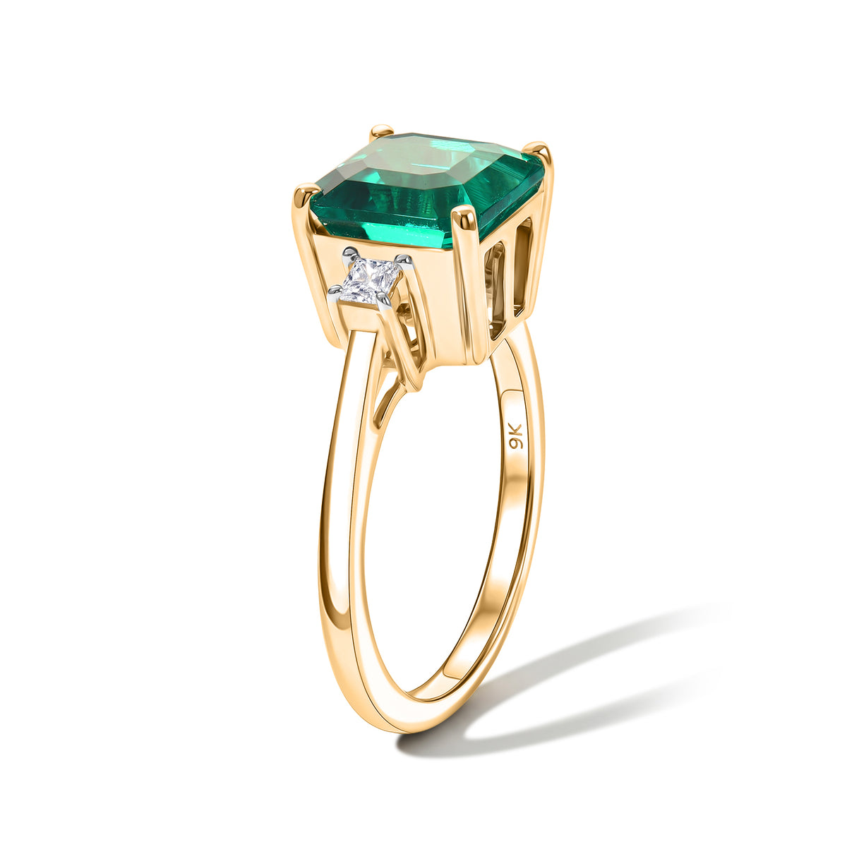 Luxuriant - 9K Yellow Gold Lab Grown Columbian Emerald &amp; Lab Grown Diamond (VS/E-F) Trilogy Ring 3.20 Ct. V32574371 4