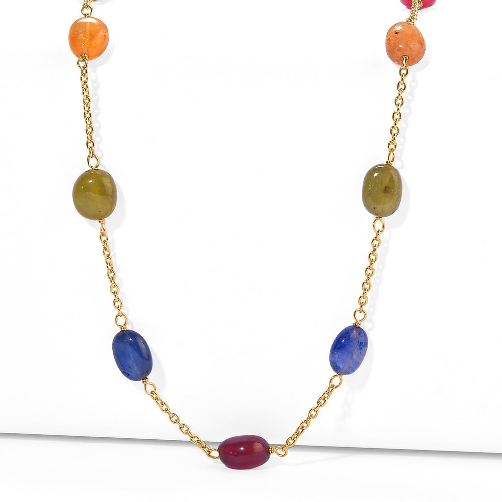 RARE FIND - Multi Sapphire Station Necklace (Size - 24) in 18K Vermeil Yellow Gold Plated Sterling Silver 55.00 Ct._8630762