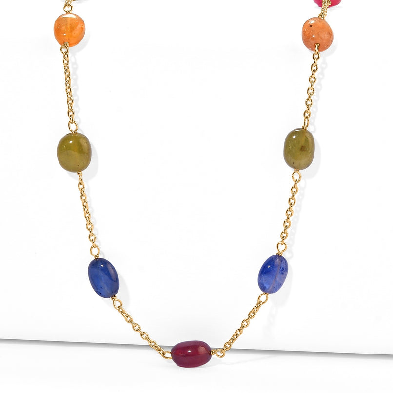 RARE FIND - Multi Sapphire Station Necklace (Size - 24) in 18K Vermeil Yellow Gold Plated Sterling Silver 55.00 Ct._8630762