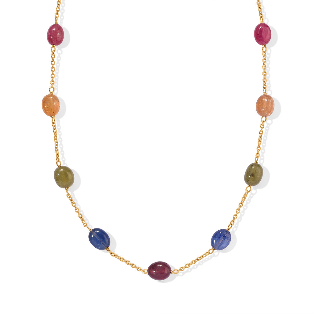 RARE FIND - Multi Sapphire Station Necklace (Size - 24) in 18K Vermeil Yellow Gold Plated Sterling Silver 55.00 Ct._8630762_2