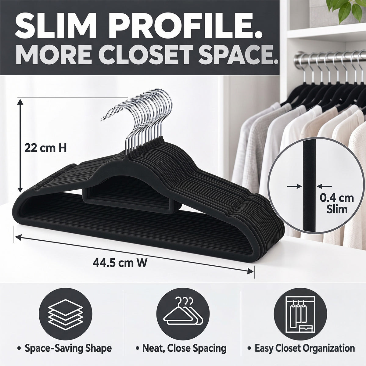 LIVMORE 50 Pack Non Slip Velvet Clothes Hangers with Silver Hook (44.5 x 22cm) - Black 8630979 1