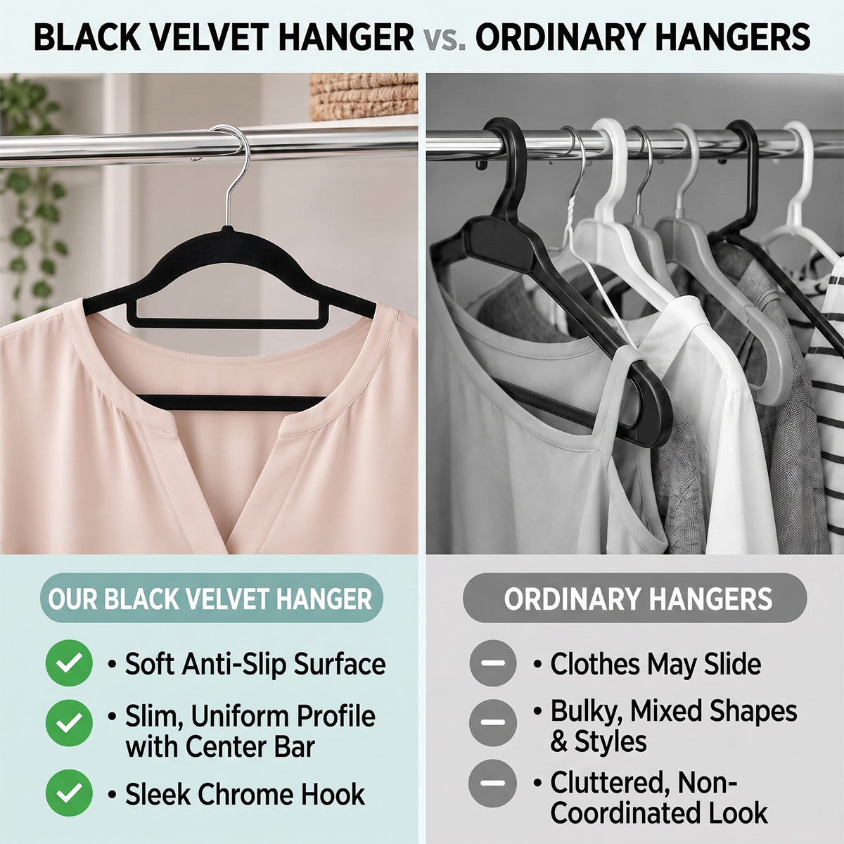LIVMORE 50 Pack Non Slip Velvet Clothes Hangers with Silver Hook (44.5 x 22cm) - Black 8630979 3