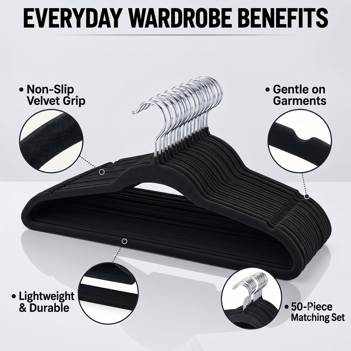 LIVMORE 50 Pack Non Slip Velvet Clothes Hangers with Silver Hook (44.5 x 22cm) - Black 8630979 5