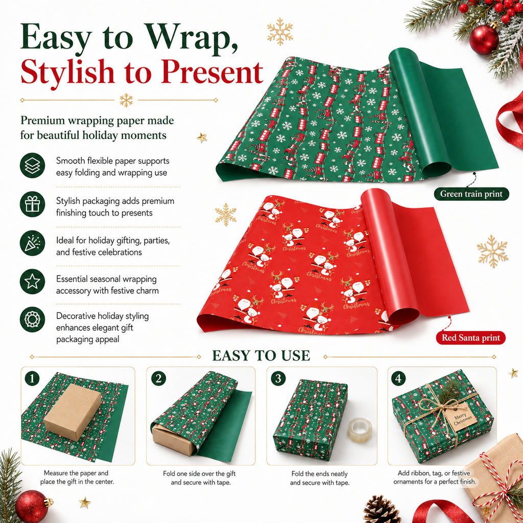 Set of 2 - Christmas Gift Wrapping Paper Sheets (56x56cm) - Red & Dark Green - 40 Sheets Total_8631056_2