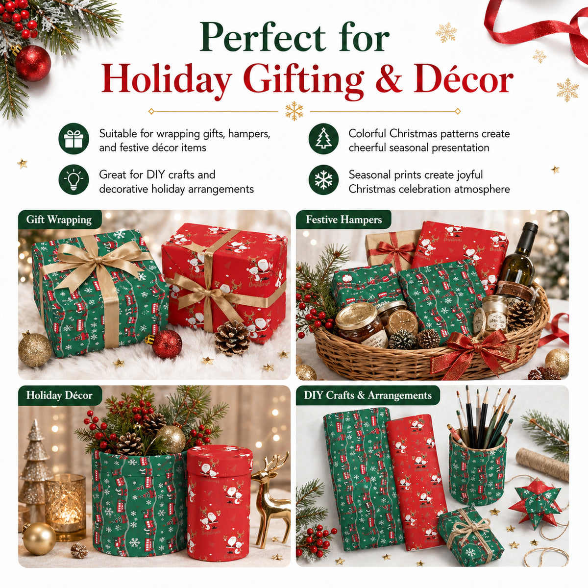 Set of 2 - Christmas Gift Wrapping Paper Sheets (56x56cm) - Red &amp; Dark Green - 40 Sheets Total 8631056 4