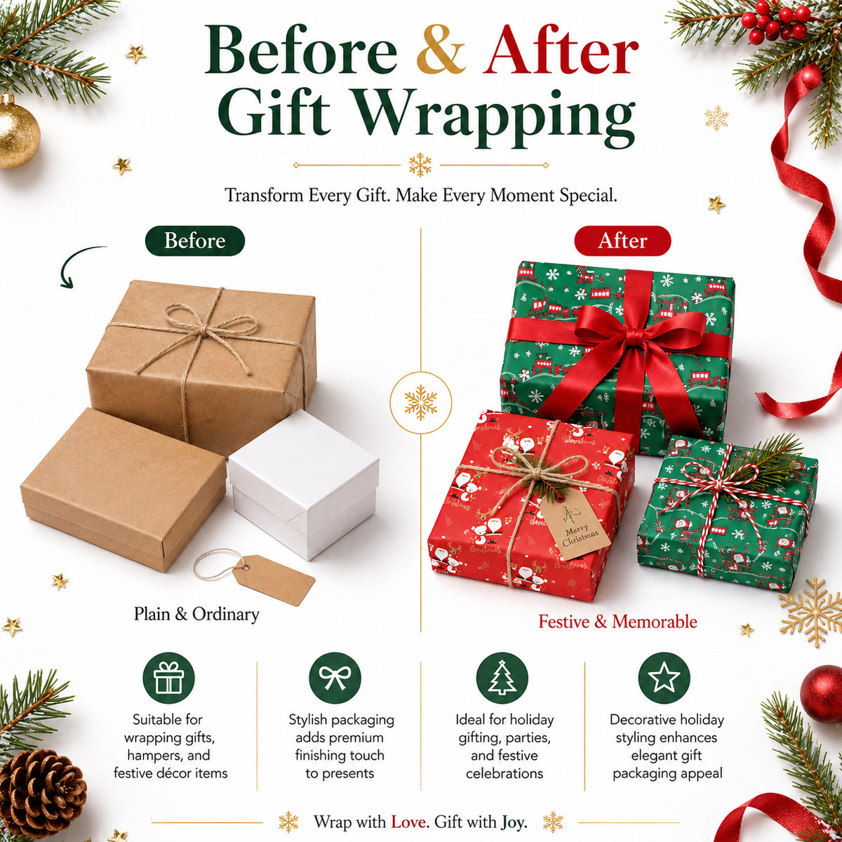 Set of 2 - Christmas Gift Wrapping Paper Sheets (56x56cm) - Red &amp; Dark Green - 40 Sheets Total 8631056 5
