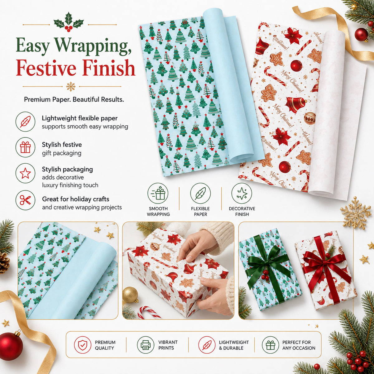 Set of 2 - Christmas Gift Wrapping Paper Sheets (56x56cm) - Red &amp; Dark Green - 40 Sheets Total 8631057 1