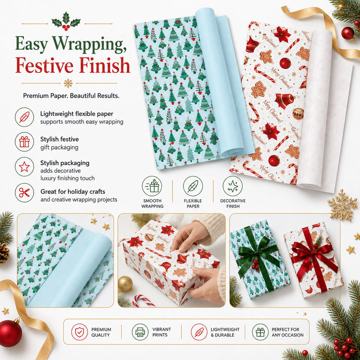 Set of 2 - Christmas Gift Wrapping Paper Sheets (56x56cm) - Red &amp; Dark Green - 40 Sheets Total 8631057 2
