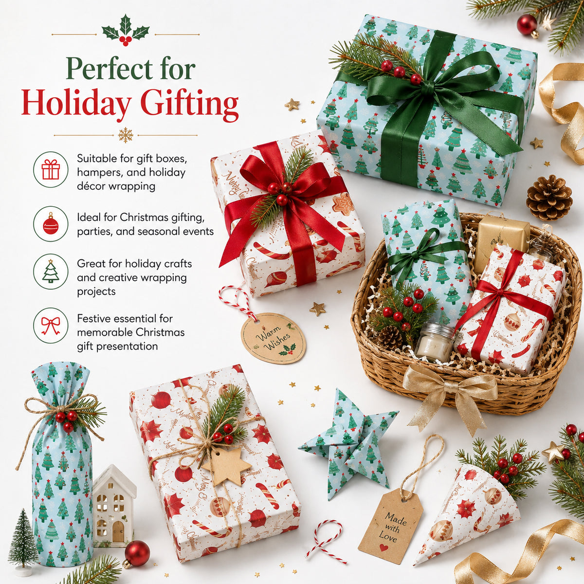 Set of 2 - Christmas Gift Wrapping Paper Sheets (56x56cm) - Red &amp; Dark Green - 40 Sheets Total 8631057 2