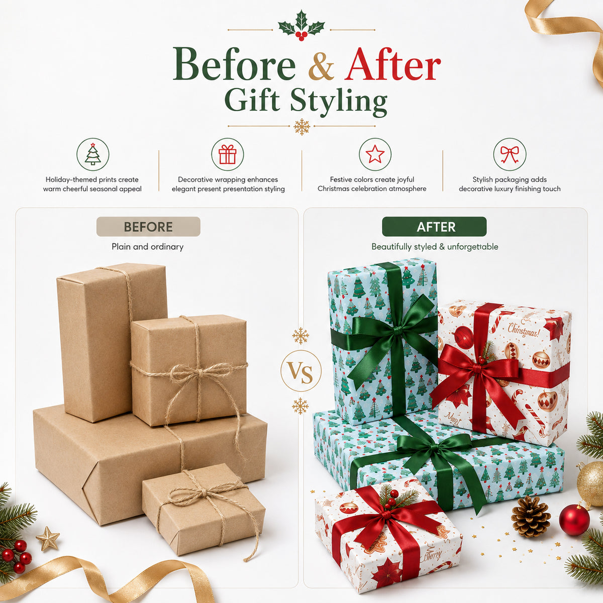 Set of 2 - Christmas Gift Wrapping Paper Sheets (56x56cm) - Red &amp; Dark Green - 40 Sheets Total 8631057 4