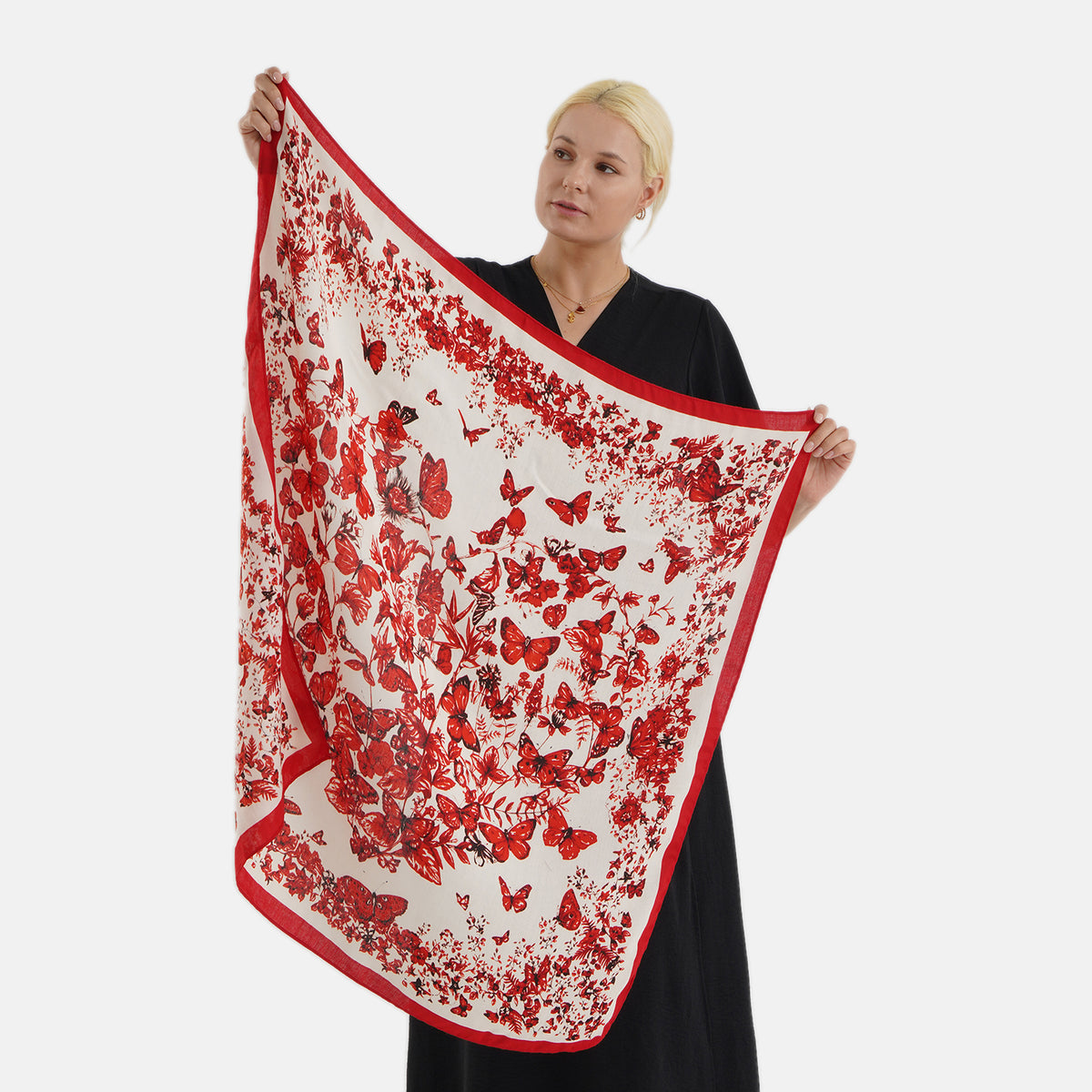 Designer Inspired Butterfly Print Multi-Colour Square Scarf (88x88cm) - Red V32592451 0