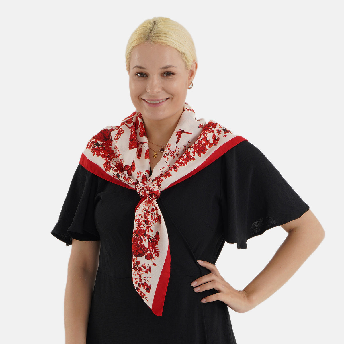 Designer Inspired Butterfly Print Multi-Colour Square Scarf (88x88cm) - Red V32592451 2