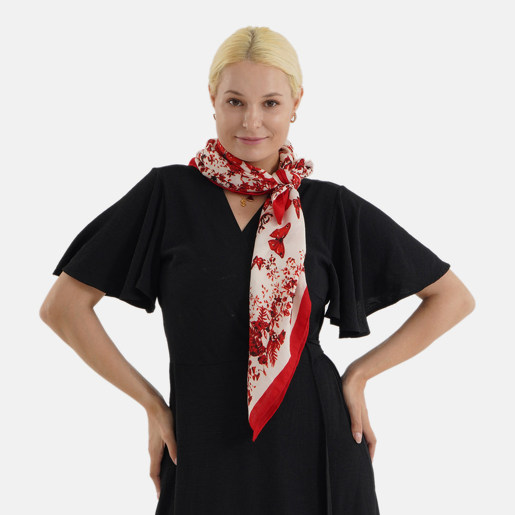 Designer Inspired Butterfly Print Multi-Colour Square Scarf (88x88cm) - Red_8631191_2