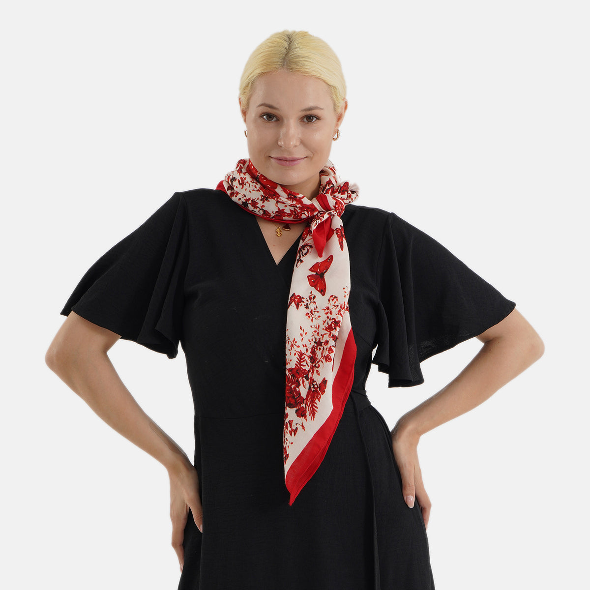 Designer Inspired Butterfly Print Multi-Colour Square Scarf (88x88cm) - Red V32592451 3