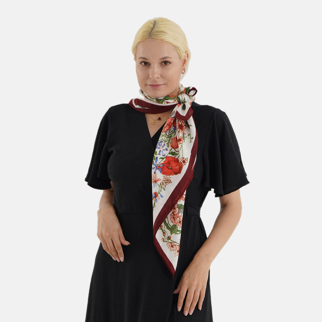 Designer Inspired Floral Print Multi-Colour Square Scarf (88x88cm) - Burgundy_8631199_2