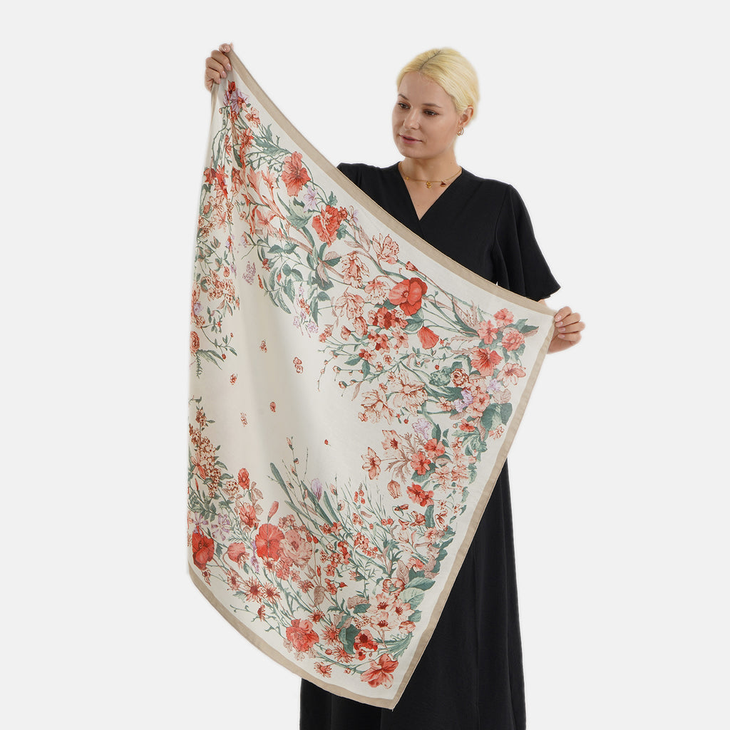 Designer Inspired Floral Print Multi-Colour Square Scarf (88x88cm) - Cream_8631200