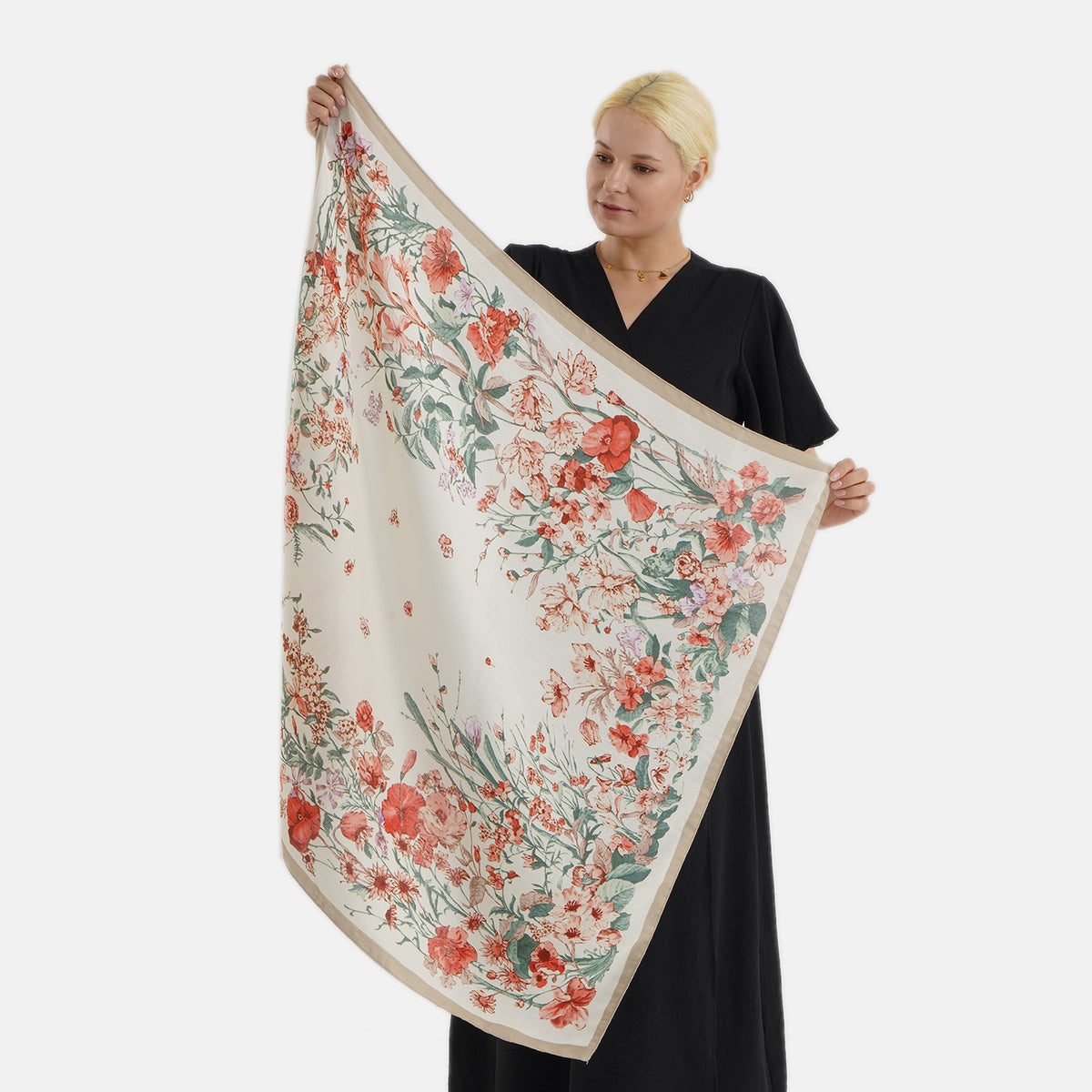 Designer Inspired Floral Print Multi-Colour Square Scarf (88x88cm) - Cream V32592472 0