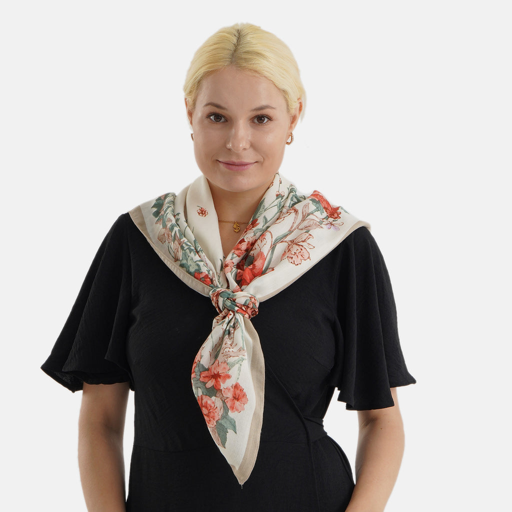 Designer Inspired Floral Print Multi-Colour Square Scarf (88x88cm) - Cream_8631200_1