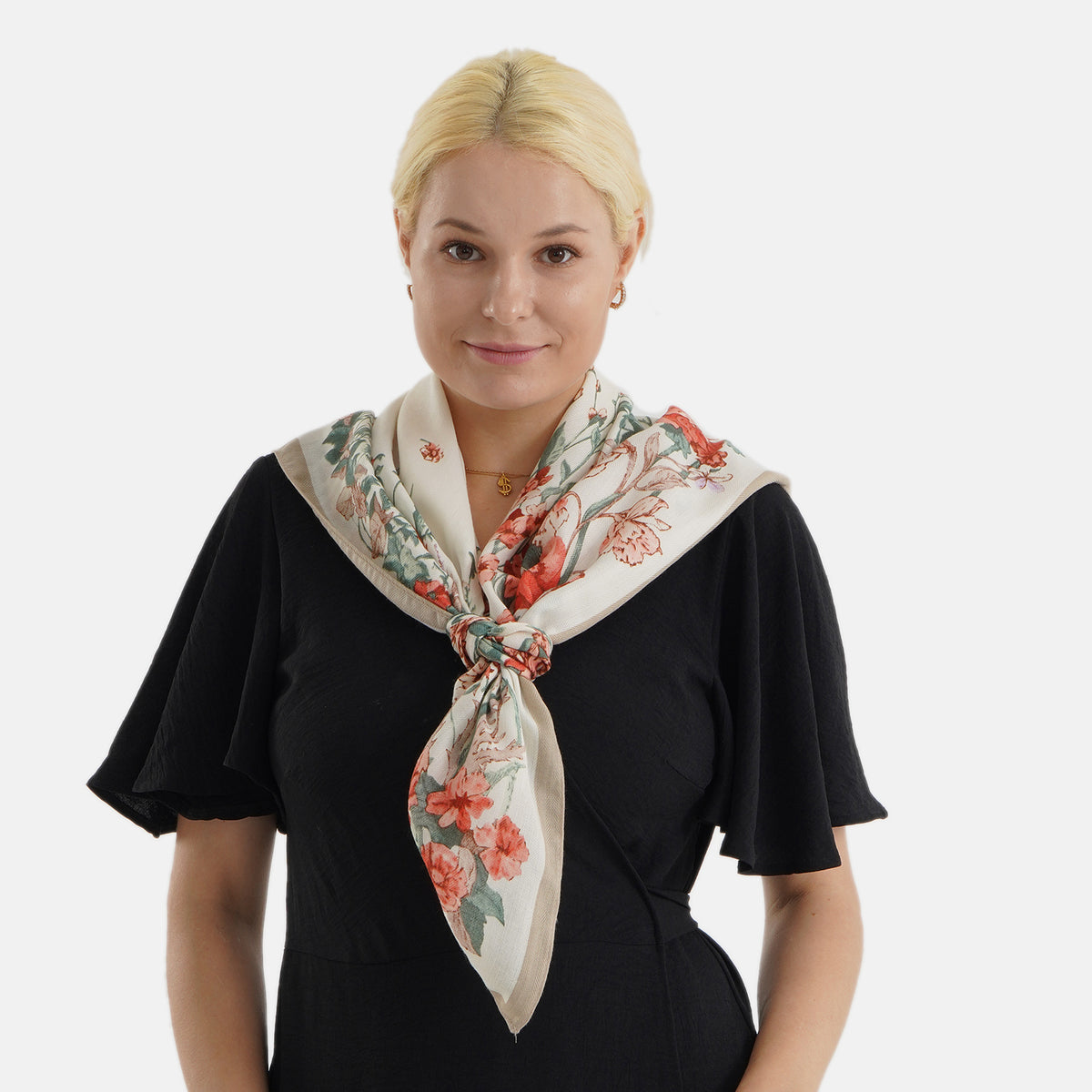 Designer Inspired Floral Print Multi-Colour Square Scarf (88x88cm) - Cream V32592472 2
