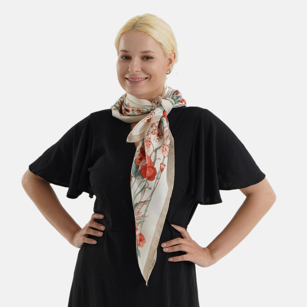 Designer Inspired Floral Print Multi-Colour Square Scarf (88x88cm) - Cream V32592472 3