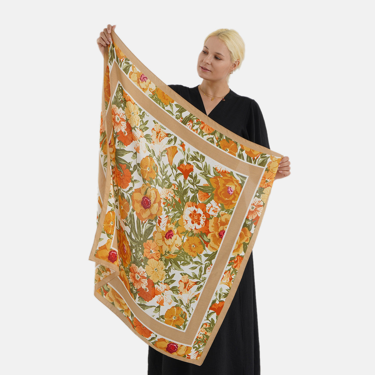 Designer Inspired Floral Print Multi-Colour Square Scarf (88x88cm) - Beige V32591891 0