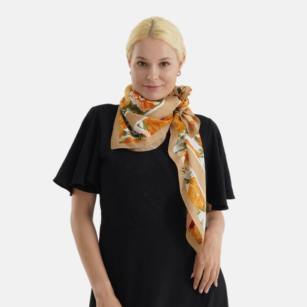Designer Inspired Floral Print Multi-Colour Square Scarf (88x88cm) - Beige_8631202_2