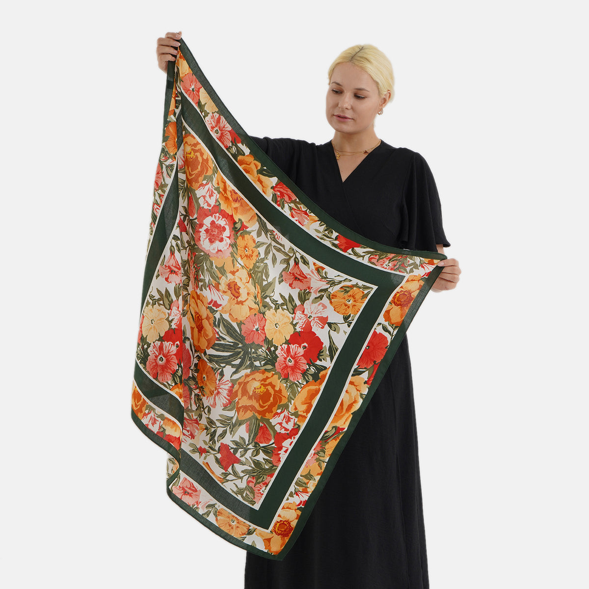 Designer Inspired Floral Print Multi-Colour Square Scarf (88x88cm) - Green V32592230 0