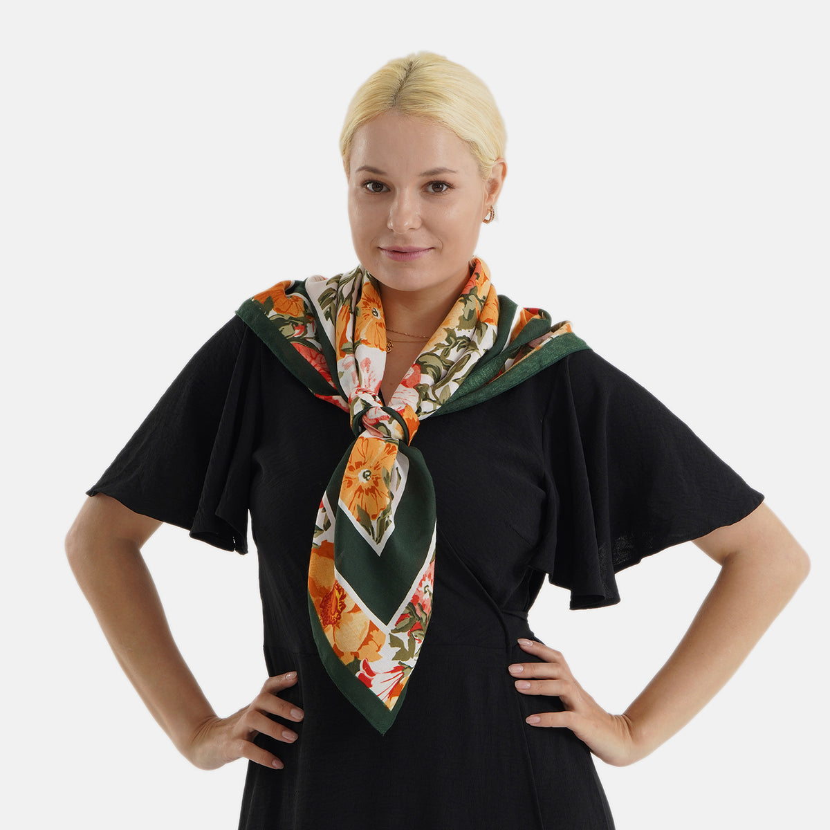 Designer Inspired Floral Print Multi-Colour Square Scarf (88x88cm) - Green V32592230 2