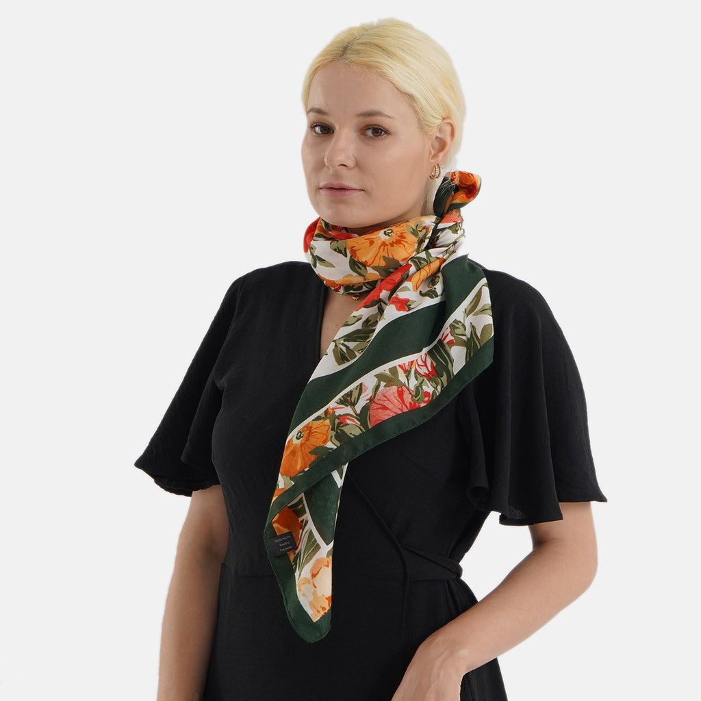 Designer Inspired Floral Print Multi-Colour Square Scarf (88x88cm) - Green_8631203_2