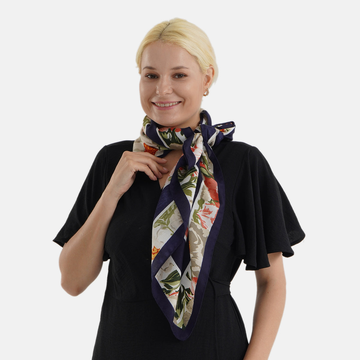 Designer Inspired Floral Print Multi-Colour Square Scarf (88x88cm) - Navy V32592069 3