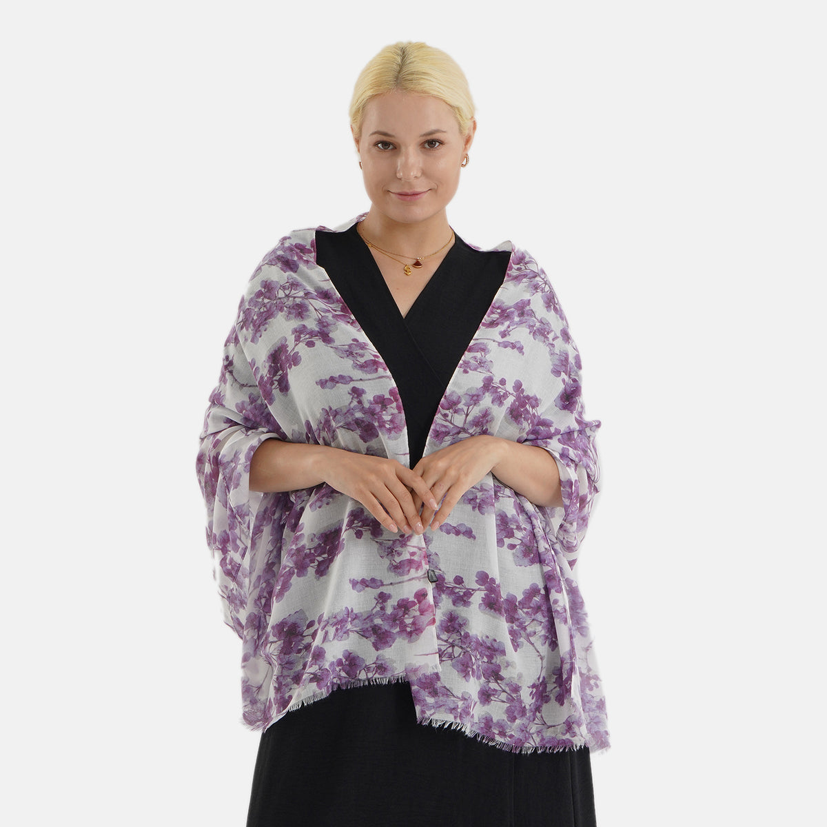 Nature-inspired Floral Print Scarf (80x180cm) - White &amp; Purple V32622866 0