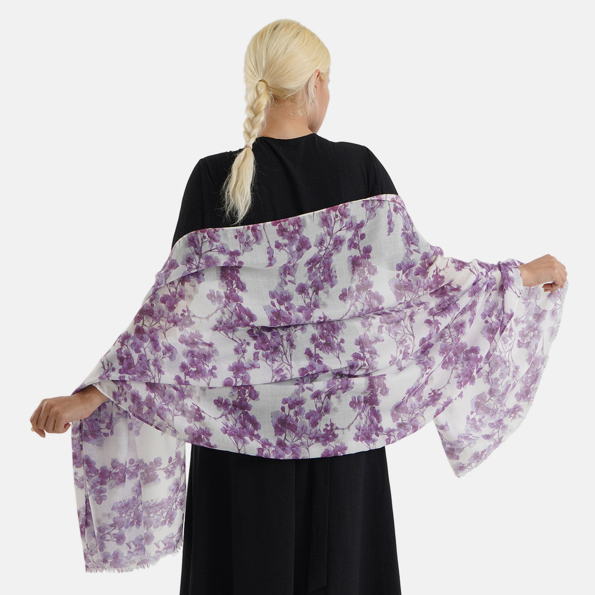 Nature-inspired Floral Print Scarf (80x180cm) - White &amp; Purple V32622866 2