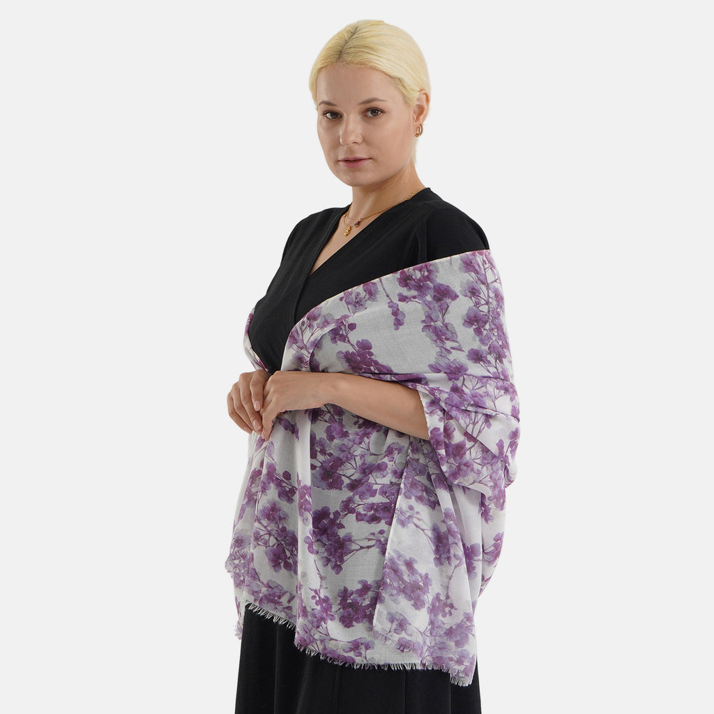 Nature-inspired Floral Print Scarf (80x180cm) - White & Purple_8631270_2