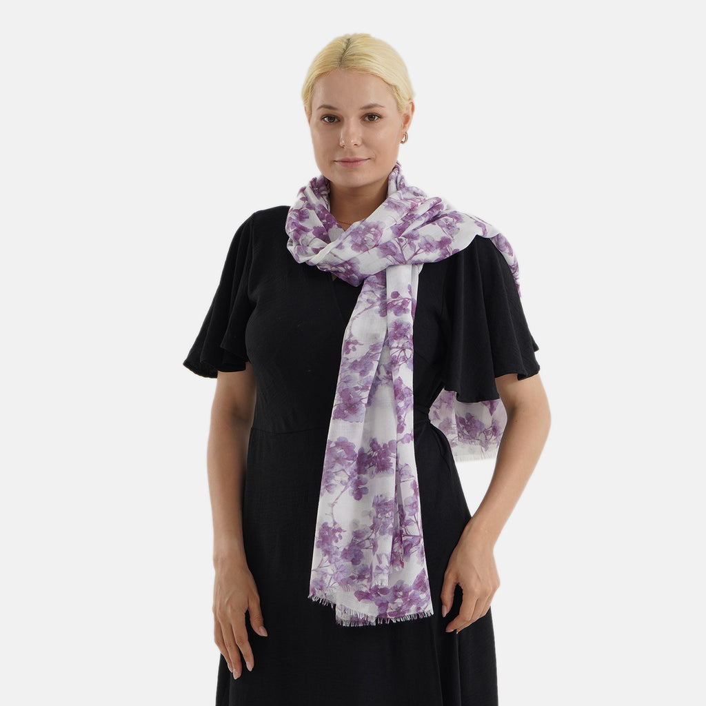 Nature-inspired Floral Print Scarf (80x180cm) - White & Purple_8631270_3