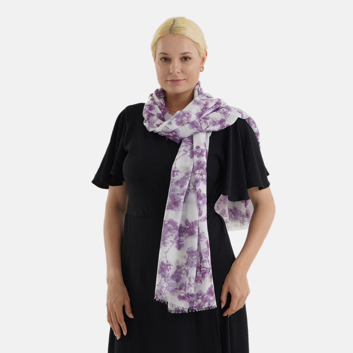 Nature-inspired Floral Print Scarf (80x180cm) - White &amp; Purple V32622866 4