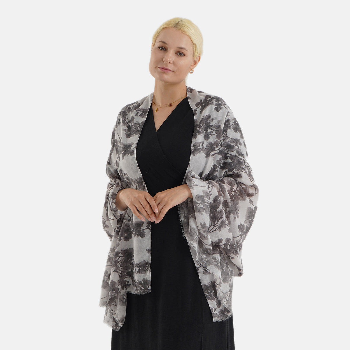 Nature-inspired Floral Print Scarf (80x180cm) - Grey V32622837 0