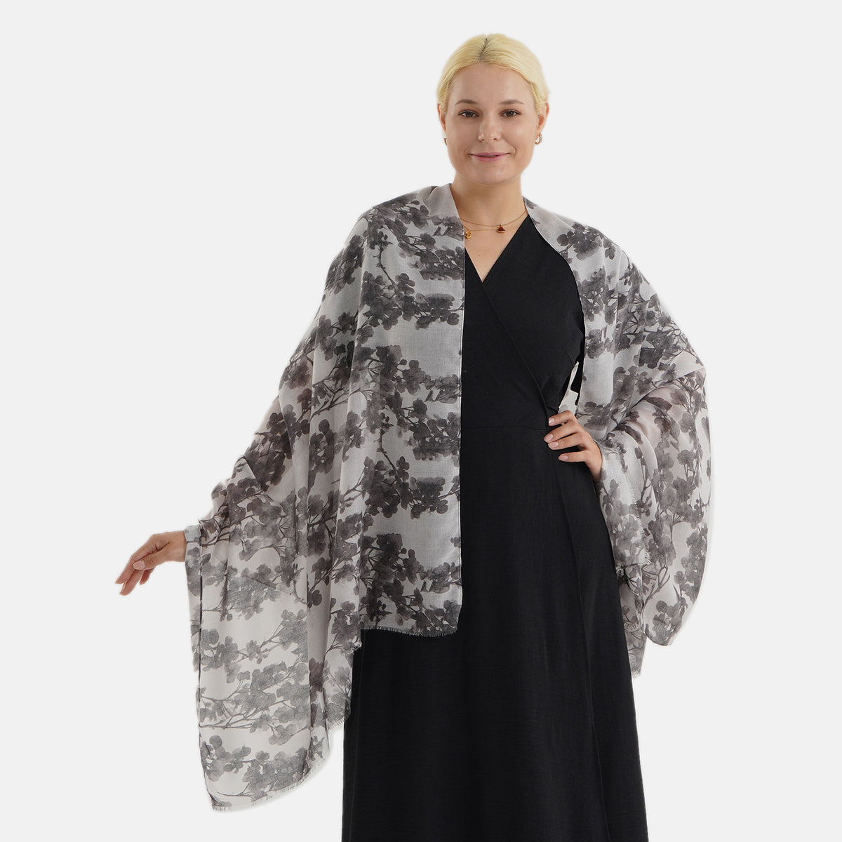 Nature-inspired Floral Print Scarf (80x180cm) - Grey V32622837 3