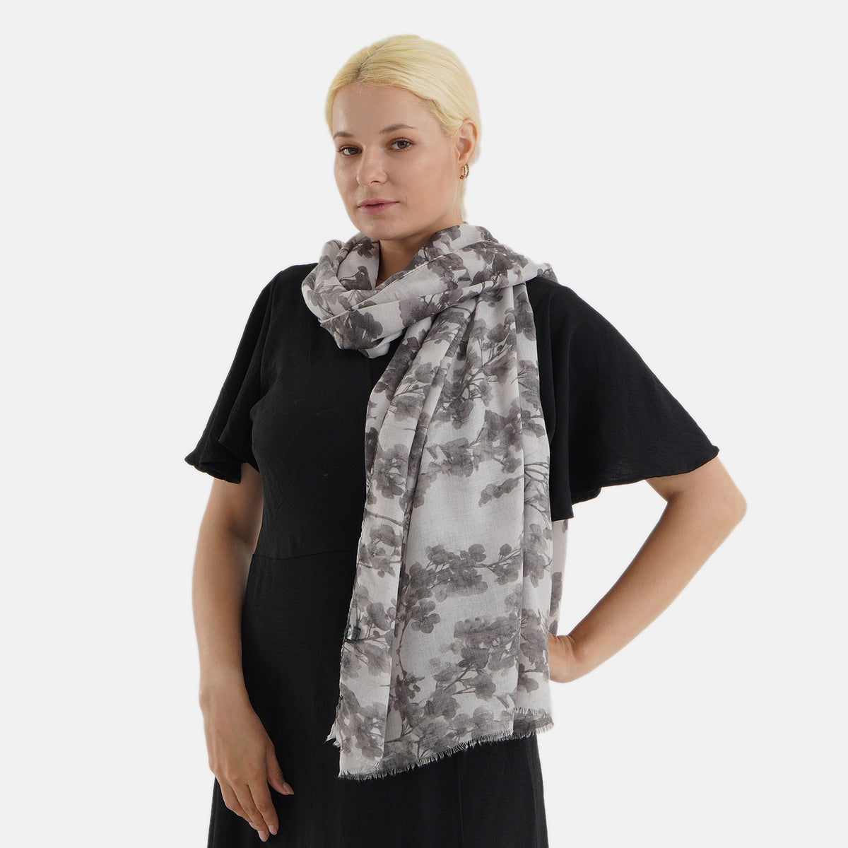 Nature-inspired Floral Print Scarf (80x180cm) - Grey V32622837 4