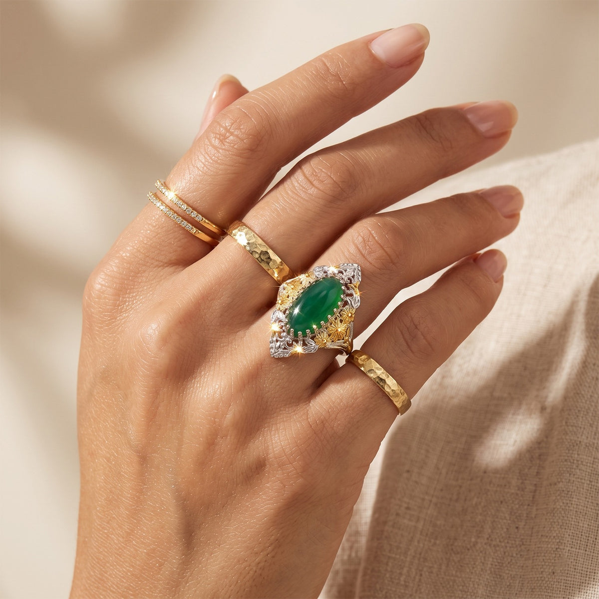 EverTrue Green Onyx Fillegree Work Ring Pure Yellow Brass  5.060  Ct. 8631399 2