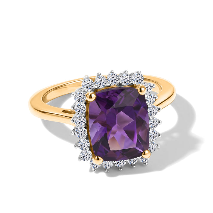 Luxuriant - Natural Moroccan Amethyst &amp; Lab Grown Diamond (SI/G-H) Halo Ring in 18K Vermeil Yellow Gold Plated Sterling Silver 3.20 Ct. 8632210 1