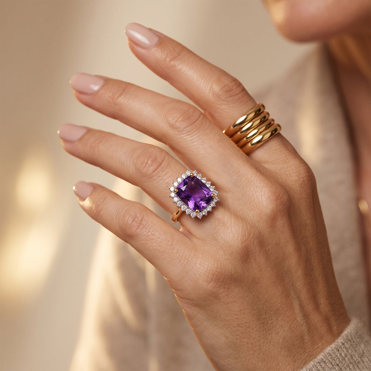 Luxuriant - Natural Moroccan Amethyst &amp; Lab Grown Diamond (SI/G-H) Halo Ring in 18K Vermeil Yellow Gold Plated Sterling Silver 3.20 Ct. 8632210 3