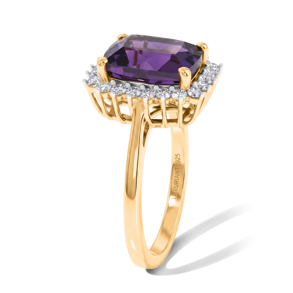 Luxuriant - Natural Moroccan Amethyst &amp; Lab Grown Diamond (SI/G-H) Halo Ring in 18K Vermeil Yellow Gold Plated Sterling Silver 3.20 Ct. 8632210 4