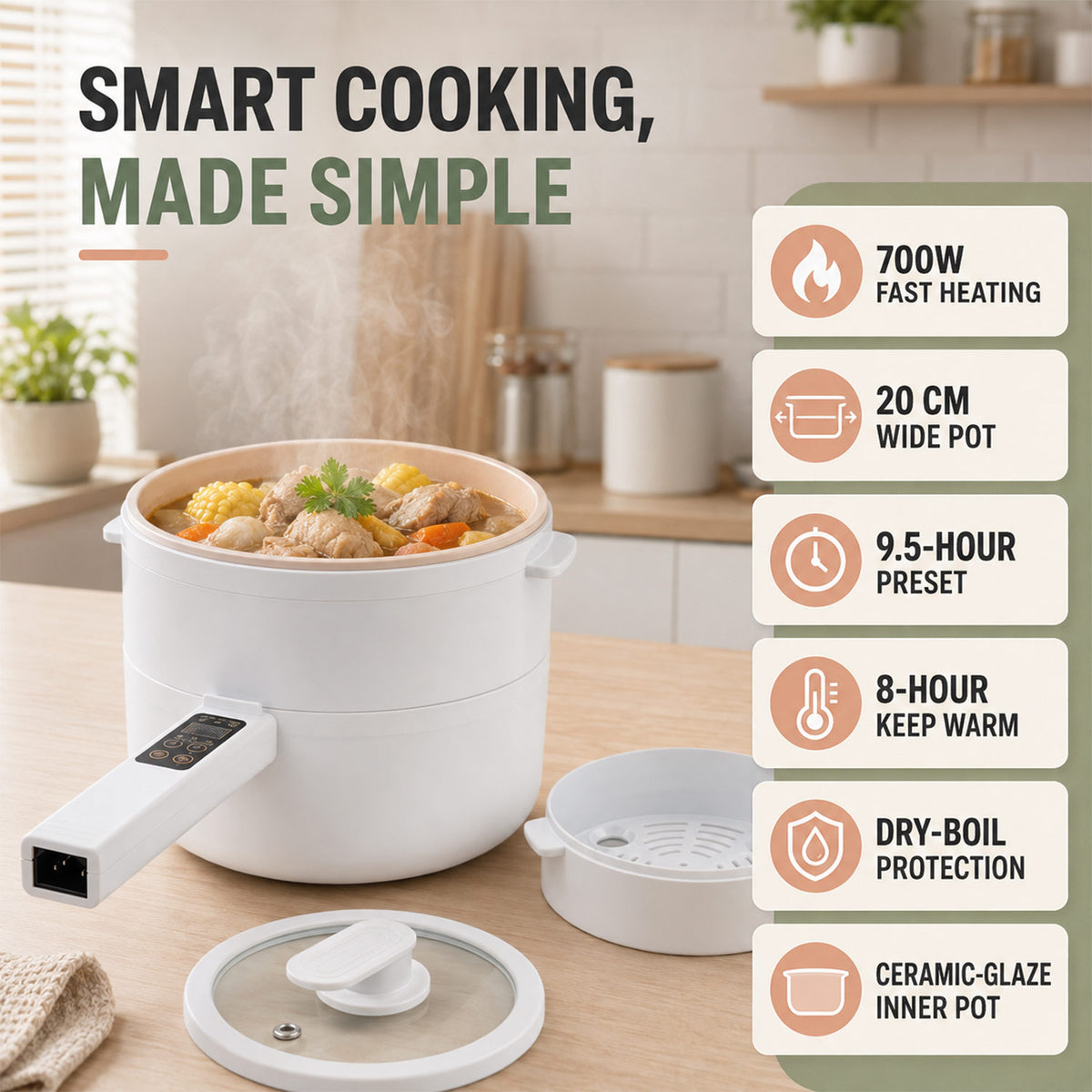 Electric Hot Pot Cooker, Steamer, Non-Stick Frying Pan - 700W - White V32730537 2