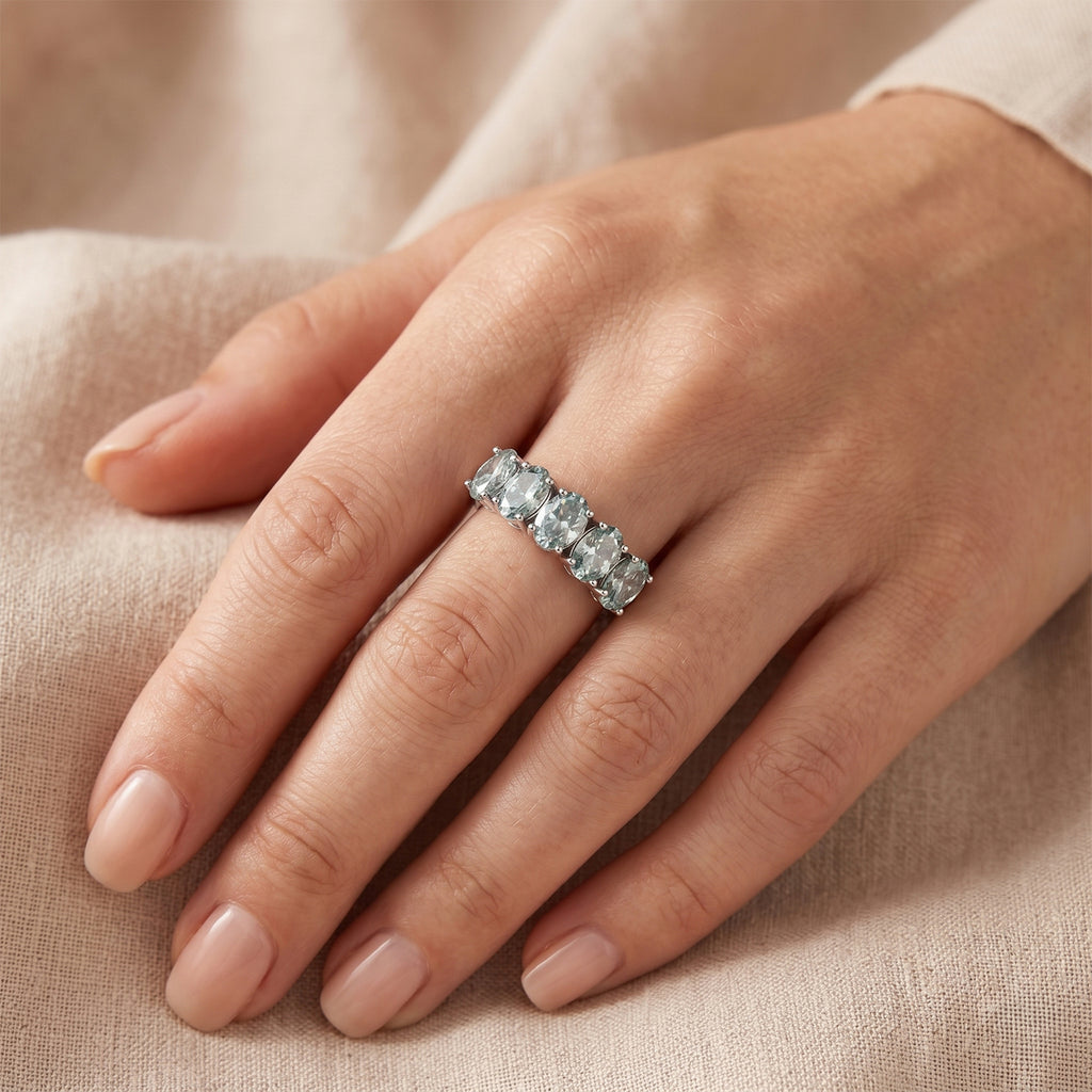 D'Joy - Paraiba Moissanite 5 Stone Ring in Rhodium Overlay Sterling Silver 3.70 Ct._8634659_1
